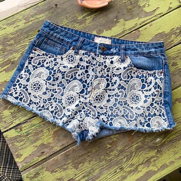 Forever 21 Pants - Forever 21 Lace Cut-off Denim Short Shorts 28